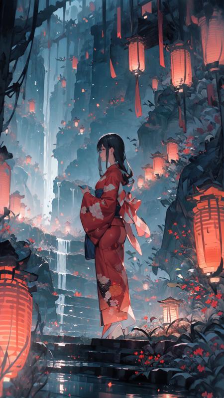 16800-3504575993-(masterpiece_1.2), best quality,PIXIV,_1girl, solo, black hair, lantern, water, standing, japanese clothes, outdoors, night, kim.png